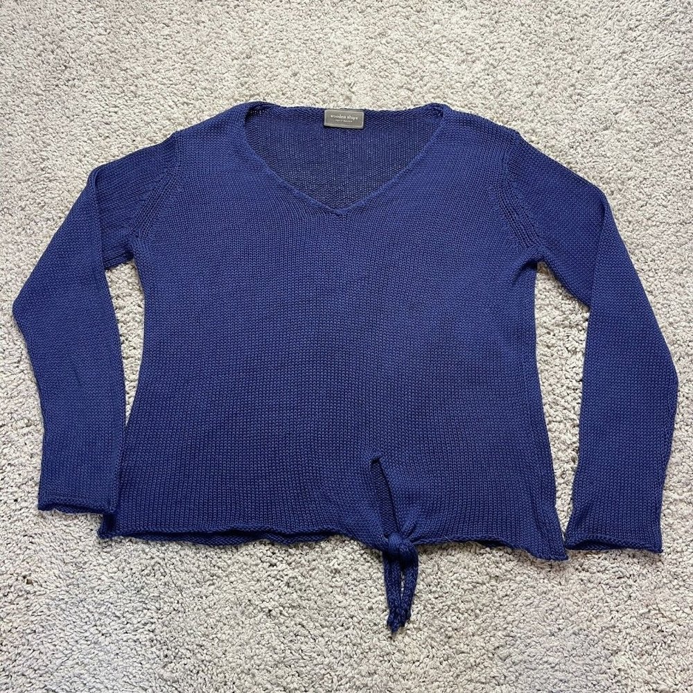 Wooden Ships Womens Open Knit V Neck Sweater Front Tie Blue Cotton Size S/M